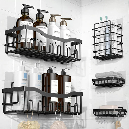 "Ultimate Shower Organizer Bundle - No Drilling, Large Capacity, Sleek, Rustproof Stainless Steel Caddies for Bathroom & Kitchen - Stylish Black Design - 5 Pack Set"